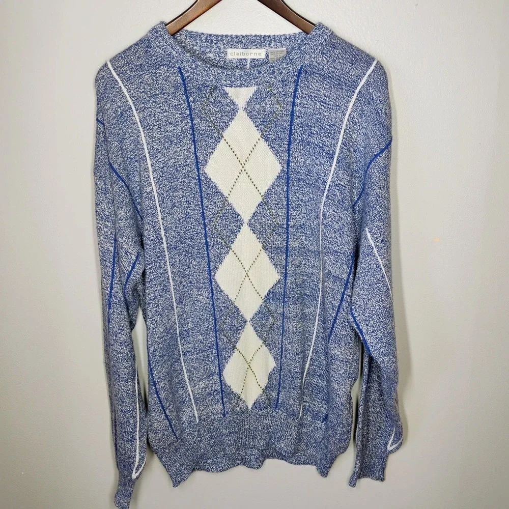 Vintage Claiborne Argyle Knit Sweater Mens Large‎ Blue Preppy Academia Golf